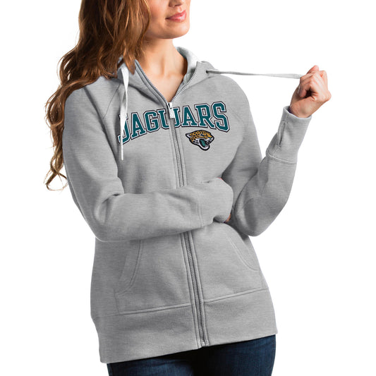 Women's Antigua Heathered Gray Jacksonville Jaguars Wordmark Victory Full-Zip Hoodie