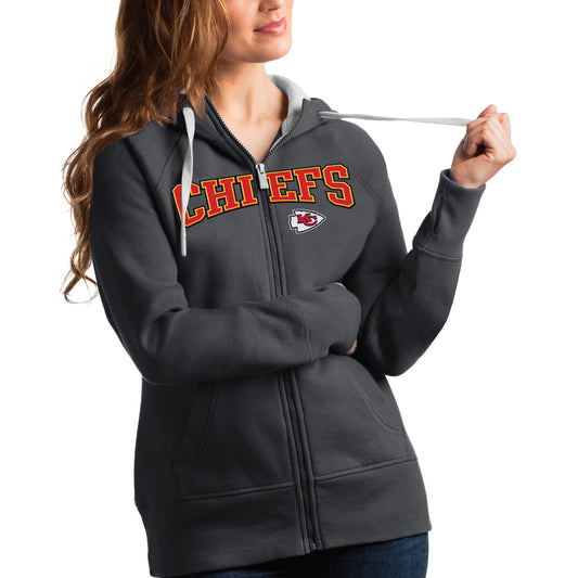 Women's Antigua Charcoal Kansas City Chiefs Wordmark Victory Full-Zip Hoodie