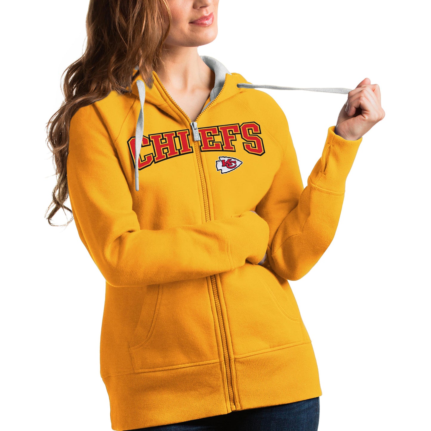 Women's Antigua Gold Kansas City Chiefs Wordmark Victory Full-Zip Hoodie