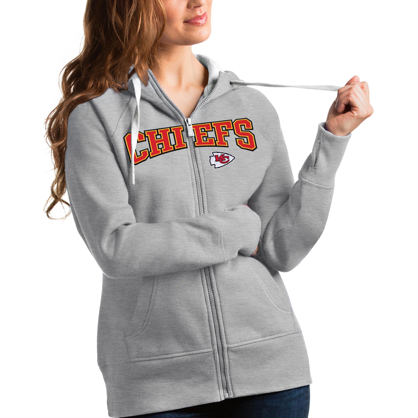 Women's Antigua Heathered Gray Kansas City Chiefs Wordmark Victory Full-Zip Hoodie