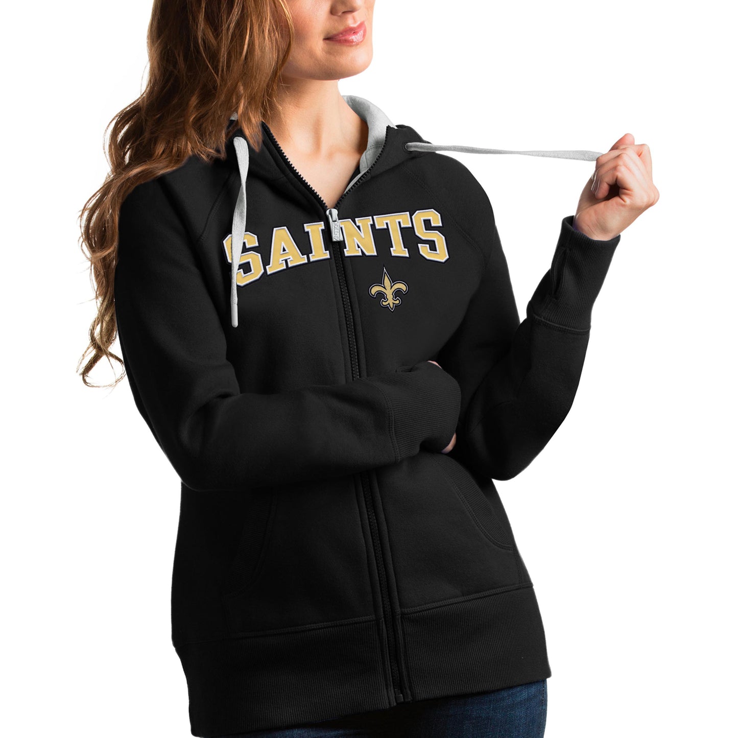 Women's Antigua Black New Orleans Saints Wordmark Victory Full-Zip Hoodie