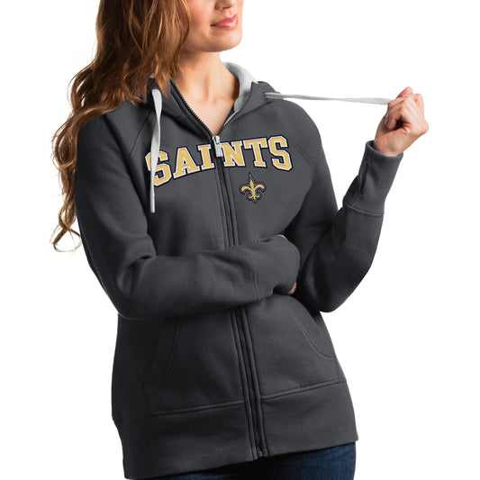 Women's Antigua Charcoal New Orleans Saints Wordmark Victory Full-Zip Hoodie