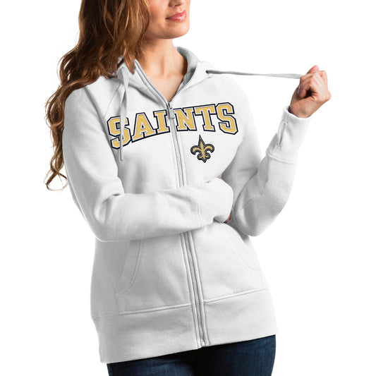 Women's Antigua White New Orleans Saints Wordmark Victory Full-Zip Hoodie