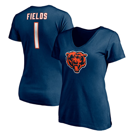 Women's Fanatics Justin Fields Navy Chicago Bears Logo Player Icon Name & Number V-Neck T-Shirt