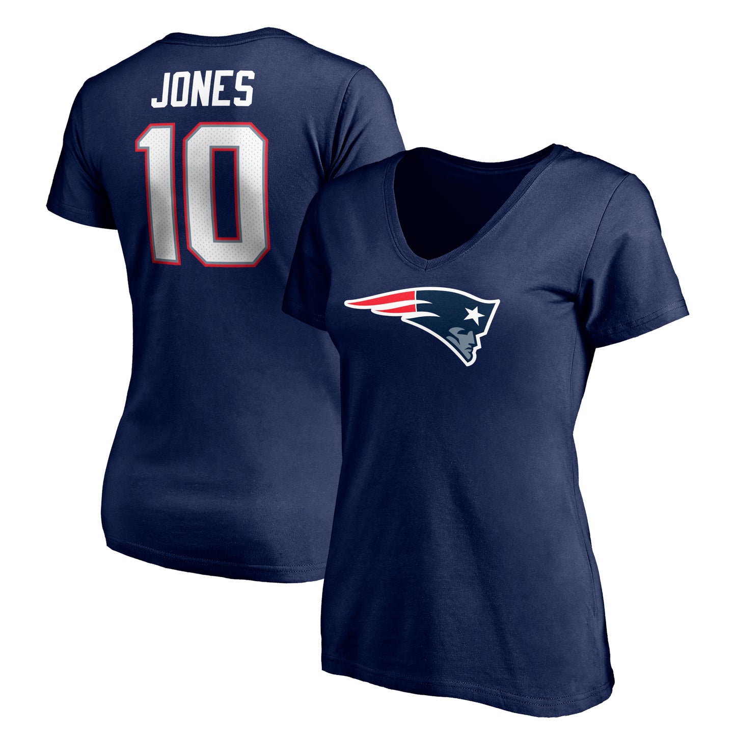 Women's Fanatics Mac Jones Navy New England Patriots Logo Player Icon Name & Number V-Neck T-Shirt