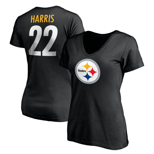 Women's Fanatics Najee Harris Black Pittsburgh Steelers Player Icon Name & Number V-Neck T-Shirt