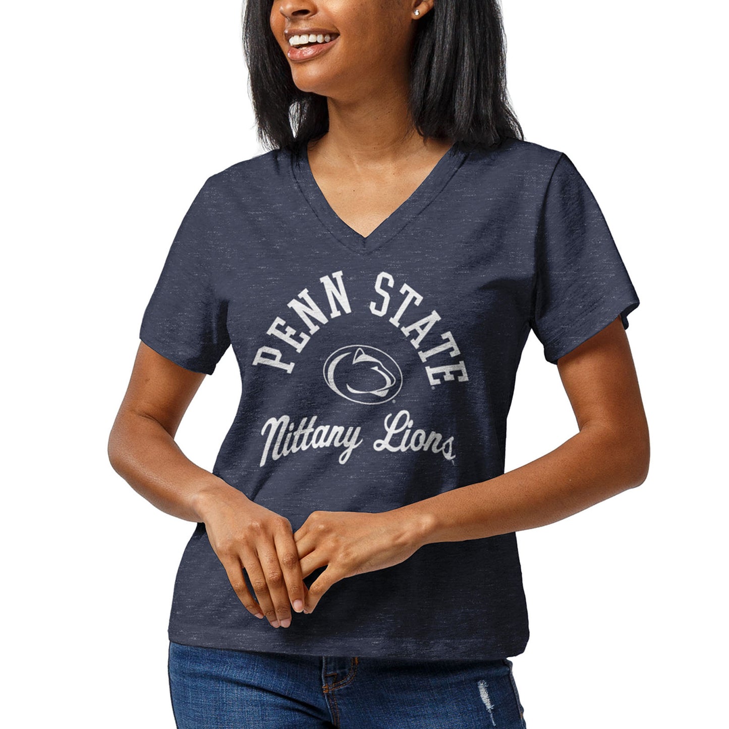 Women's League Collegiate Wear Heathered Navy Penn State Nittany Lions Wordmark Intramural Boyfriend V-Neck T-Shirt