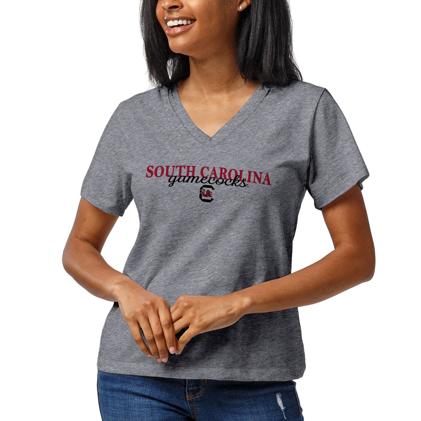 Women's League Collegiate Wear Heathered Gray South Carolina Gamecocks Script Intramural Boyfriend V-Neck T-Shirt