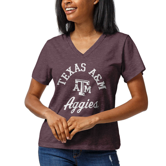 Women's League Collegiate Wear Heathered Maroon Texas A&M Aggies Wordmark Intramural Boyfriend V-Neck T-Shirt