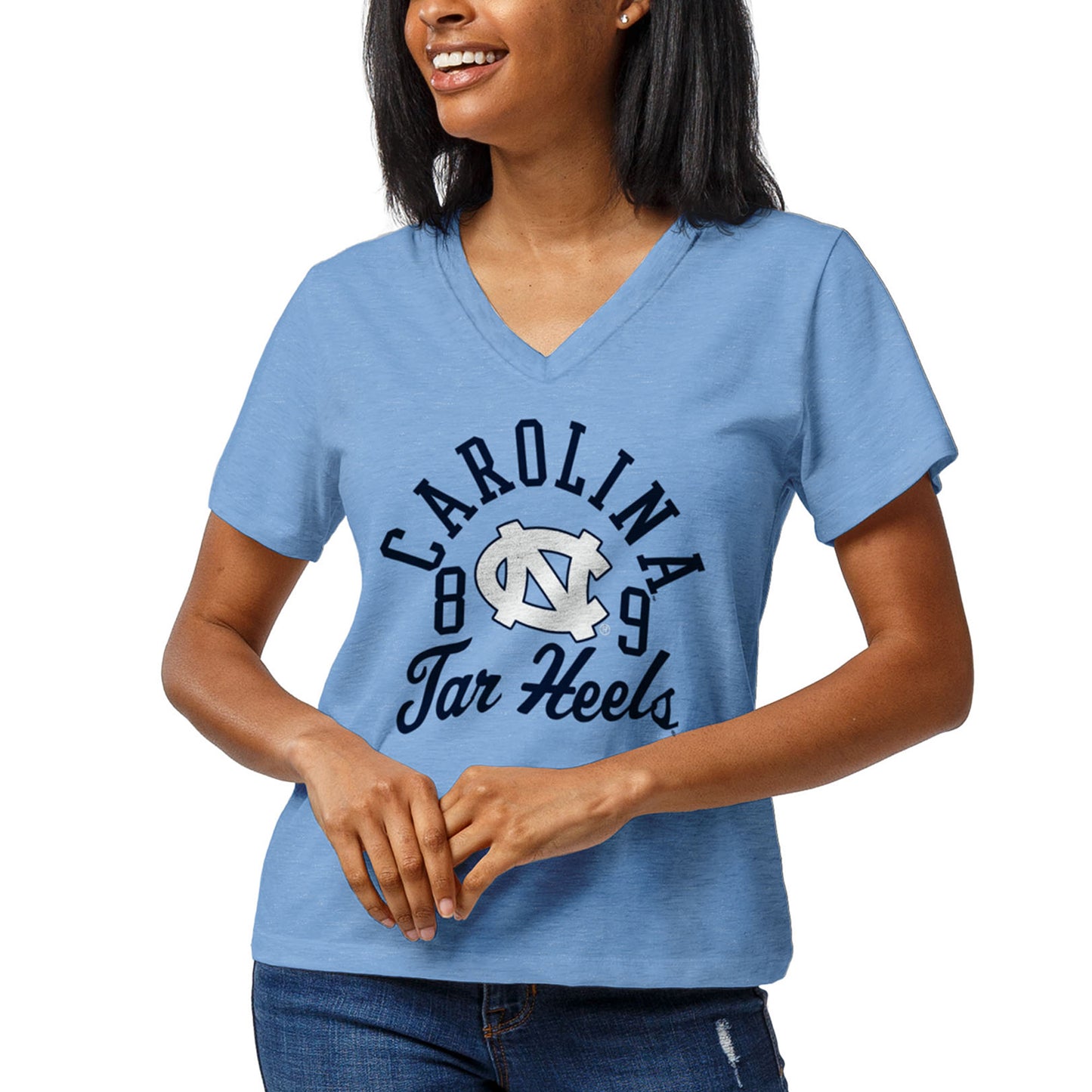 Women's League Collegiate Wear Heathered Carolina Blue North Carolina Tar Heels Wordmark Intramural Boyfriend V-Neck T-Shirt