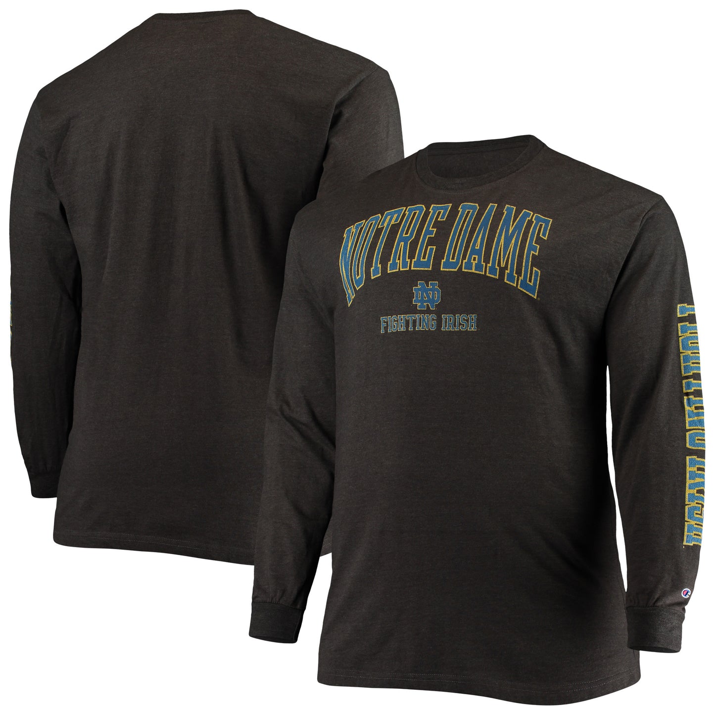 Men's Champion Heathered Charcoal Notre Dame Fighting Irish Big & Tall 2-Hit Long Sleeve T-Shirt