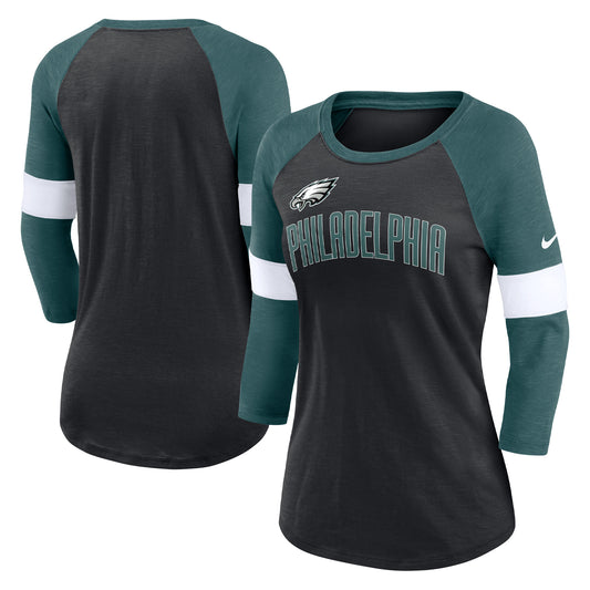 Women's Nike Philadelphia Eagles Heather Black/Heather Midnight Green Football Pride Raglan 3/4-Sleeve T-Shirt