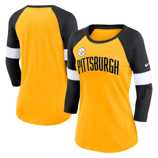 Women's Nike Pittsburgh Steelers Heather Gold/Heather Black Football Pride Raglan 3/4-Sleeve T-Shirt