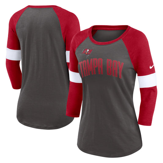 Women's Nike Tampa Bay Buccaneers Pewter/Heather Red Football Pride Raglan 3/4-Sleeve T-Shirt