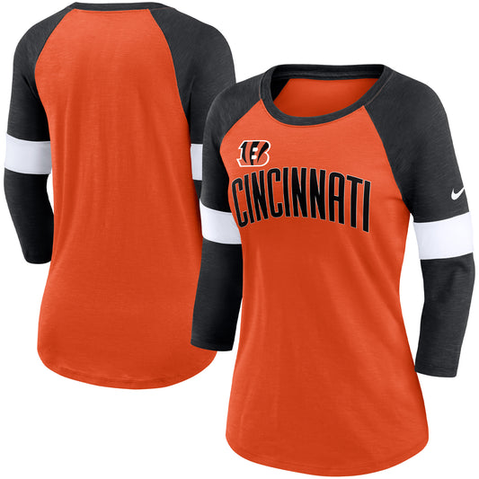 Women's Nike Cincinnati Bengals Heather Orange/Heather Black Football Pride Raglan 3/4-Sleeve T-Shirt