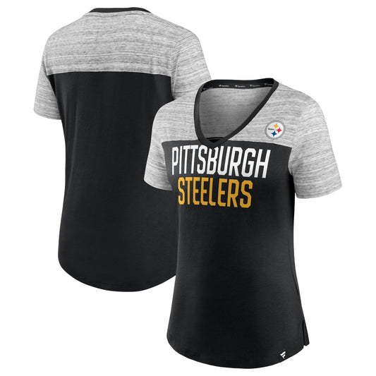 Women's Fanatics Black/Heathered Gray Pittsburgh Steelers Close Quarters V-Neck T-Shirt