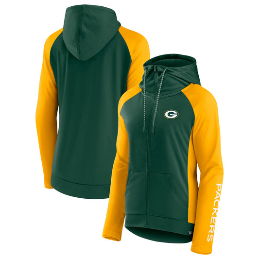 Women's Fanatics Green/Gold Green Bay Packers End Around Lightweight Raglan Full-Zip Hoodie Jacket