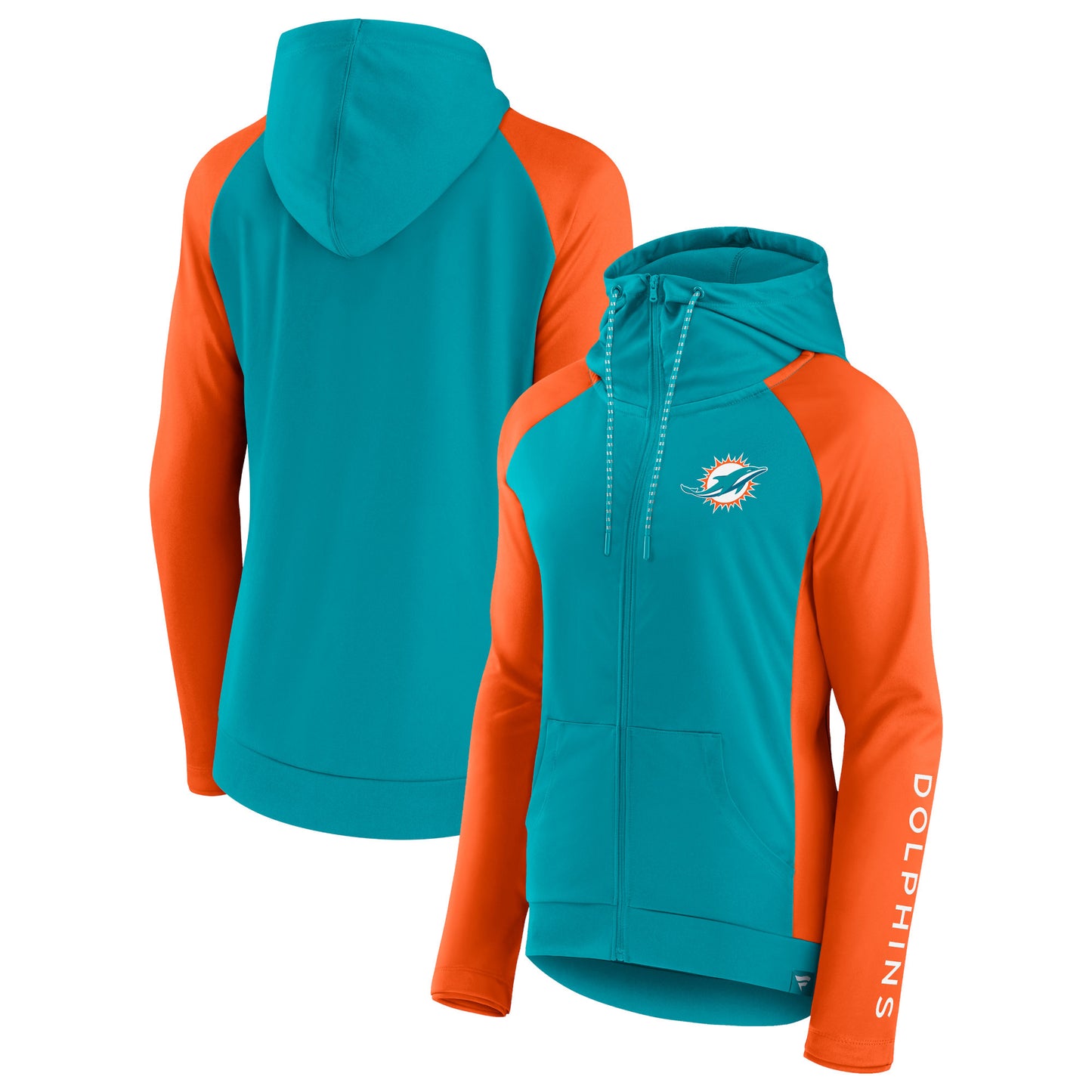Women's Fanatics Aqua/Orange Miami Dolphins End Around Lightweight Raglan Full-Zip Hoodie Jacket