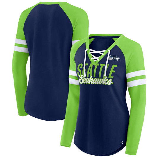 Women's Fanatics College Navy/Neon Green Seattle Seahawks True to Form Raglan Lace-Up V-Neck Long Sleeve T-Shirt