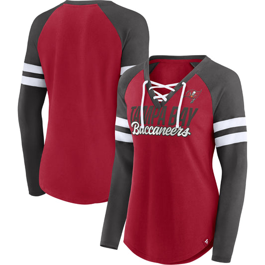 Women's Fanatics Red/Pewter Tampa Bay Buccaneers True to Form Raglan Lace-Up V-Neck Long Sleeve T-Shirt