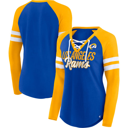 Women's Fanatics Royal/Gold Los Angeles Rams True to Form Raglan Lace-Up V-Neck Long Sleeve T-Shirt