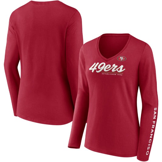 Women's Fanatics Scarlet San Francisco 49ers Drive Forward V-Neck Long Sleeve T-Shirt