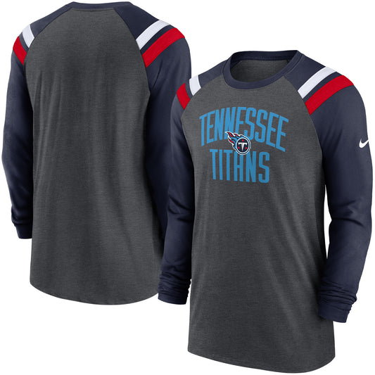 Men's Nike Heathered Charcoal/Navy Tennessee Titans Tri-Blend Raglan Athletic Long Sleeve Fashion T-Shirt