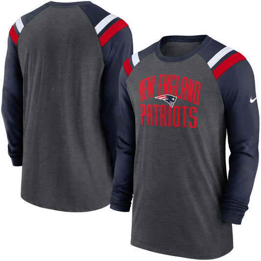 Men's Nike Heathered Charcoal/Navy New England Patriots Tri-Blend Raglan Athletic Long Sleeve Fashion T-Shirt