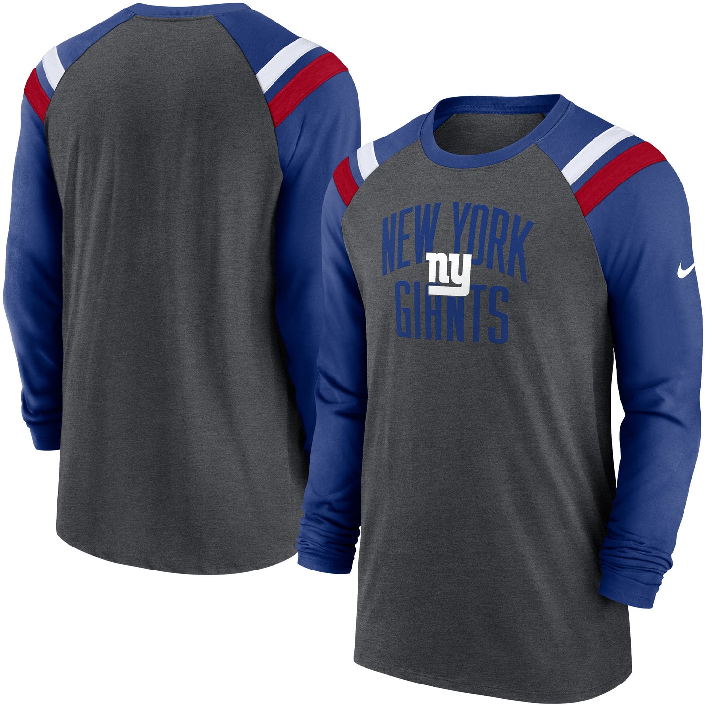 Men's Nike Heathered Charcoal/Royal New York Giants Tri-Blend Raglan Athletic Long Sleeve Fashion T-Shirt