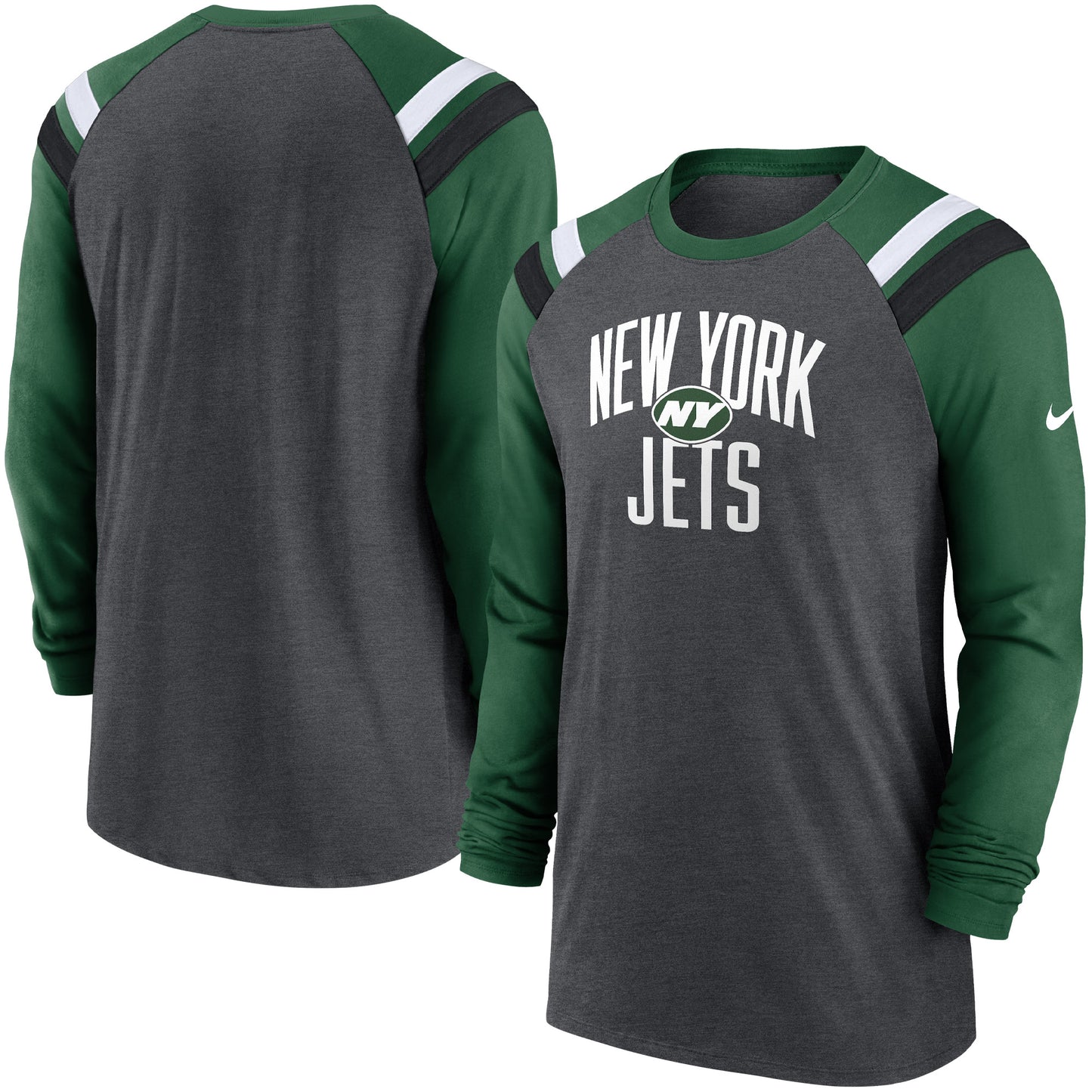 Men's Nike Heathered Charcoal/Green New York Jets Tri-Blend Raglan Athletic Long Sleeve Fashion T-Shirt