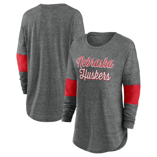 Women's Top of the World Heather Charcoal Nebraska Huskers Bubble Screen Long Sleeve T-Shirt