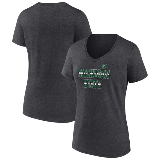 Women's Heathered Charcoal Michigan State Spartans Stride for Stride V-Neck T-Shirt