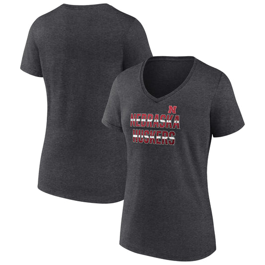 Women's Heathered Charcoal Nebraska Huskers Stride for Stride V-Neck T-Shirt