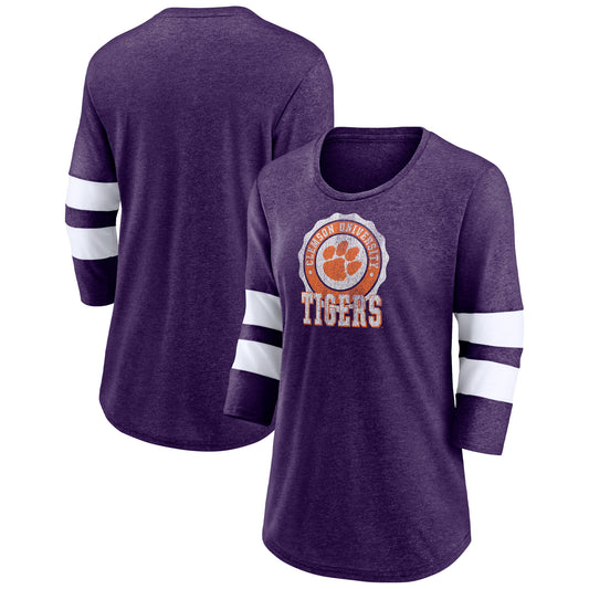 Women's Fanatics Heathered Purple Clemson Tigers Drive Forward Tri-Blend 3/4-Sleeve T-Shirt