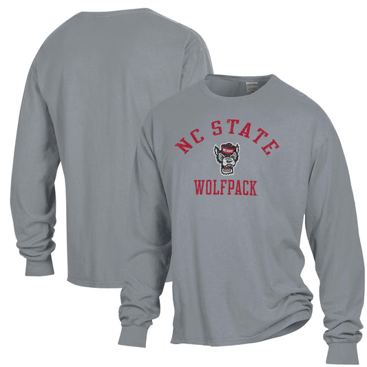 Men's ComfortWash Gray NC State Wolfpack Arch Logo Garment Dyed Long Sleeve T-Shirt