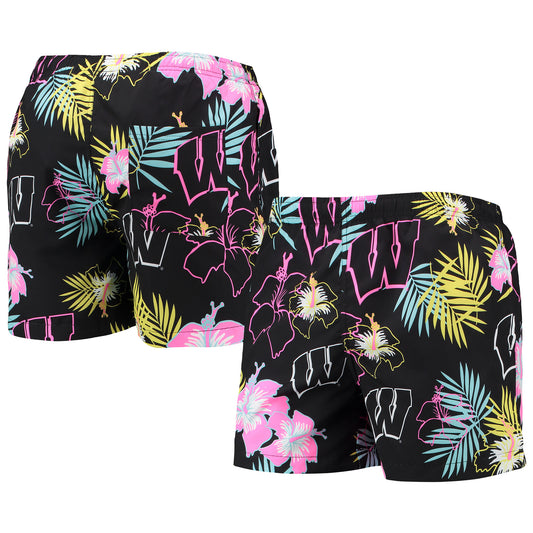 Men's FOCO Black Wisconsin Badgers Neon Floral Swim Trunks