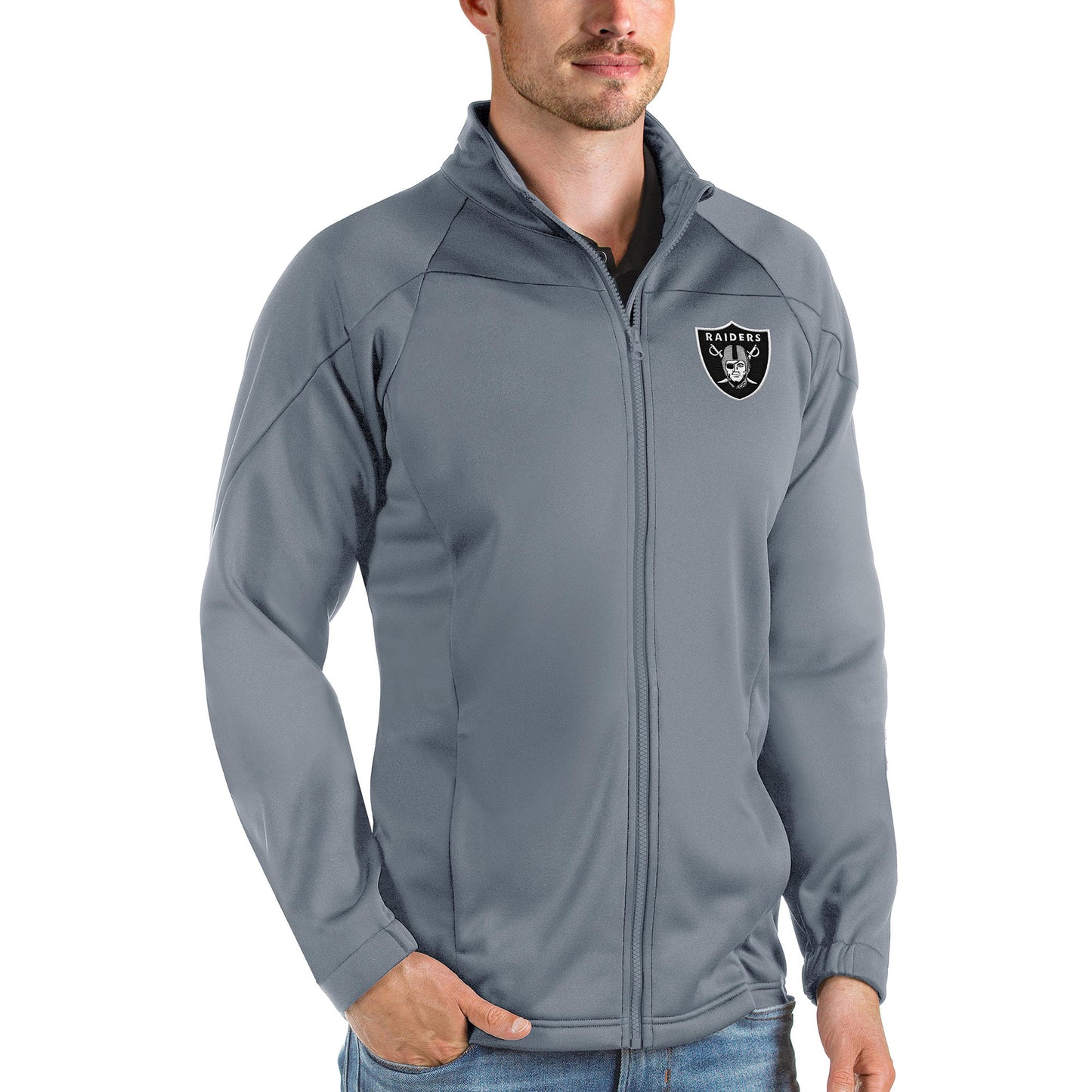 Men's Antigua Steel Las Vegas Raiders Links Full-Zip Golf Jacket