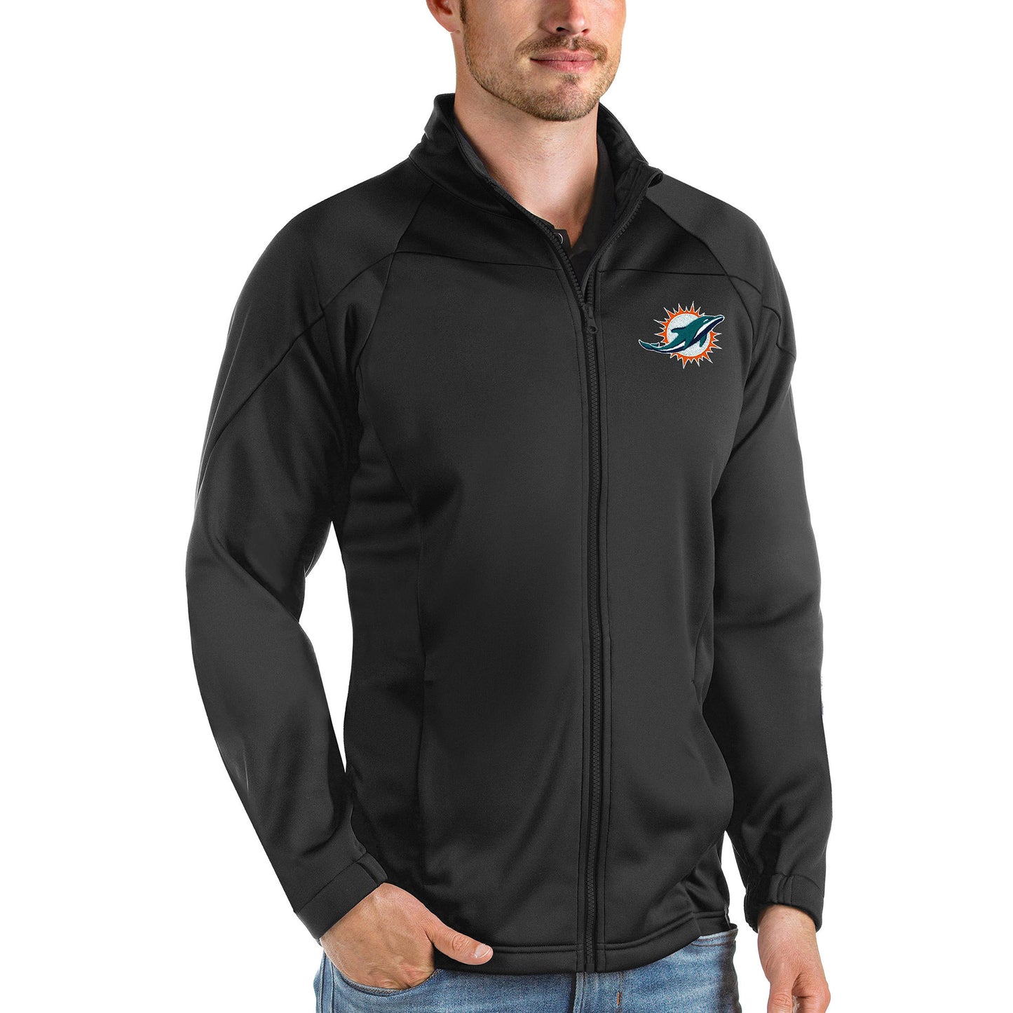 Men's Antigua Black Miami Dolphins Links Full-Zip Golf Jacket