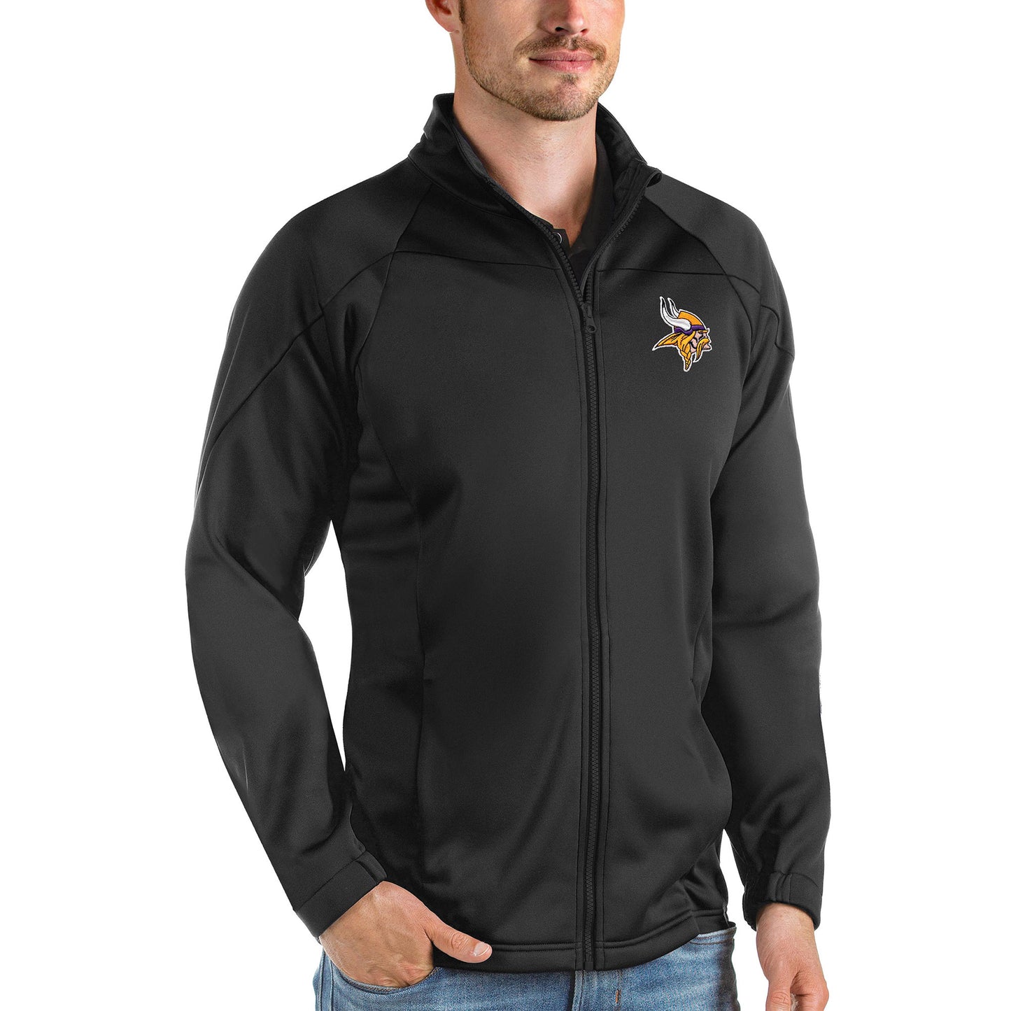 Men's Antigua Black Minnesota Vikings Links Full-Zip Golf Jacket