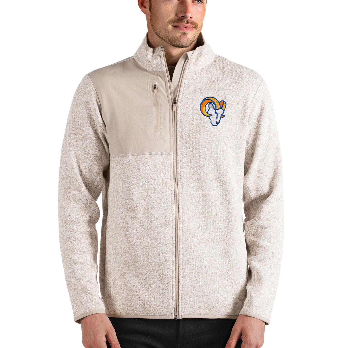 Men's Antigua Oatmeal Los Angeles Rams Fortune Full-Zip Jacket