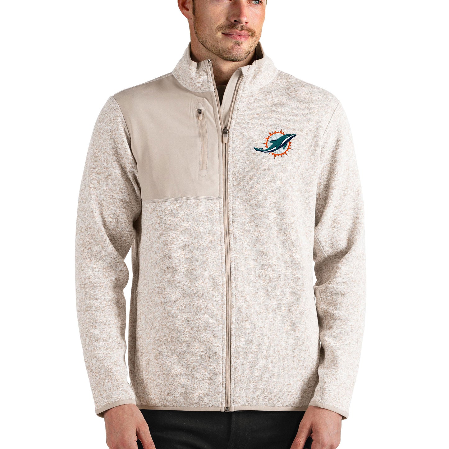 Men's Antigua Oatmeal Miami Dolphins Fortune Full-Zip Jacket