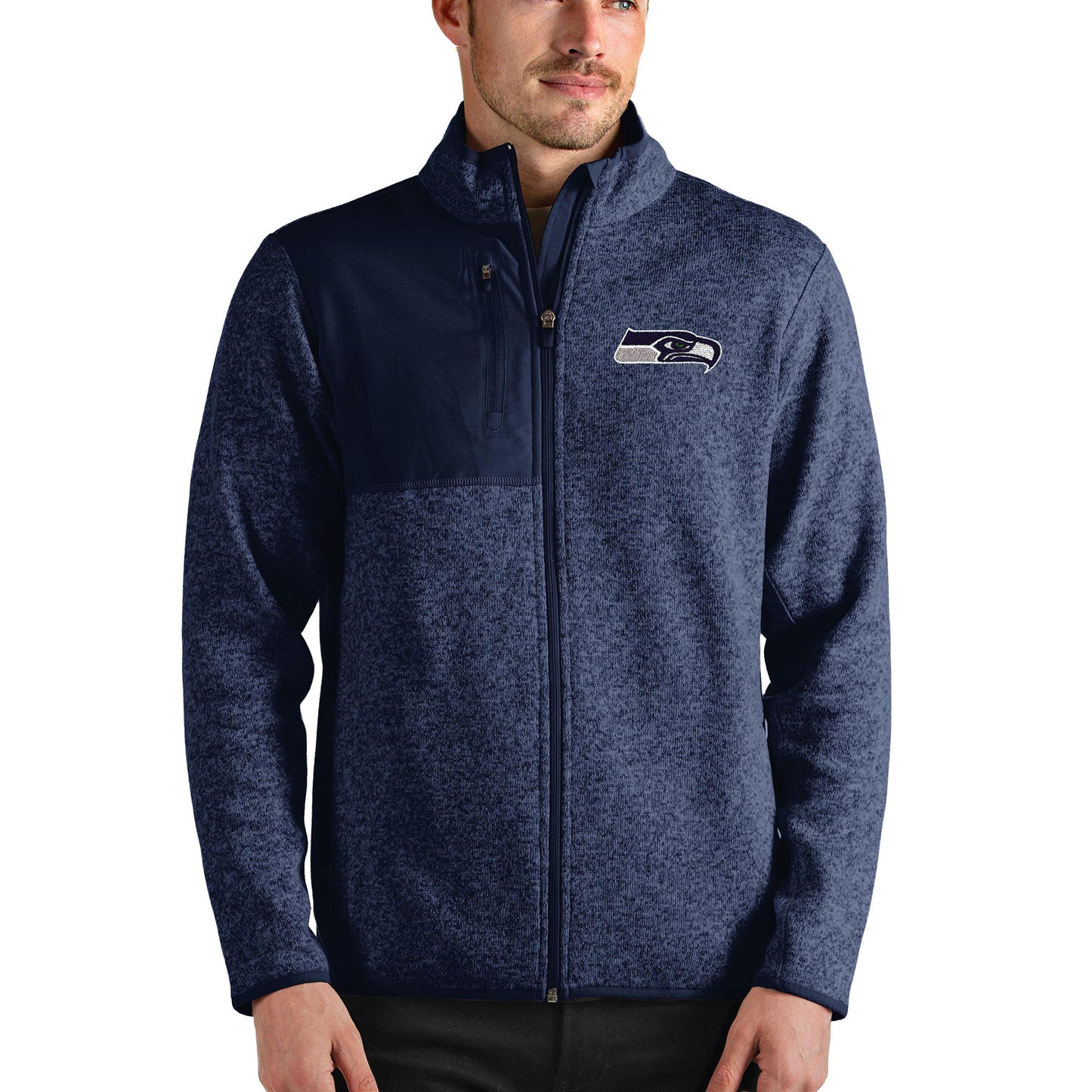 Men's Antigua Heathered Navy Seattle Seahawks Fortune Full-Zip Jacket