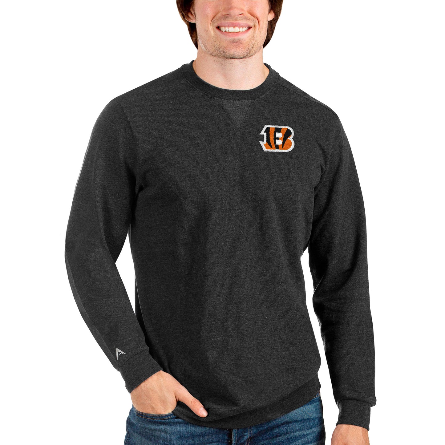 Men's Antigua Heathered Black Cincinnati Bengals Reward Crewneck Pullover Sweatshirt