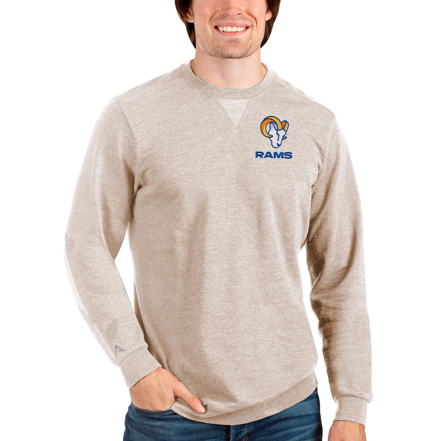 Men's Antigua Oatmeal Los Angeles Rams Reward Crewneck Pullover Sweatshirt