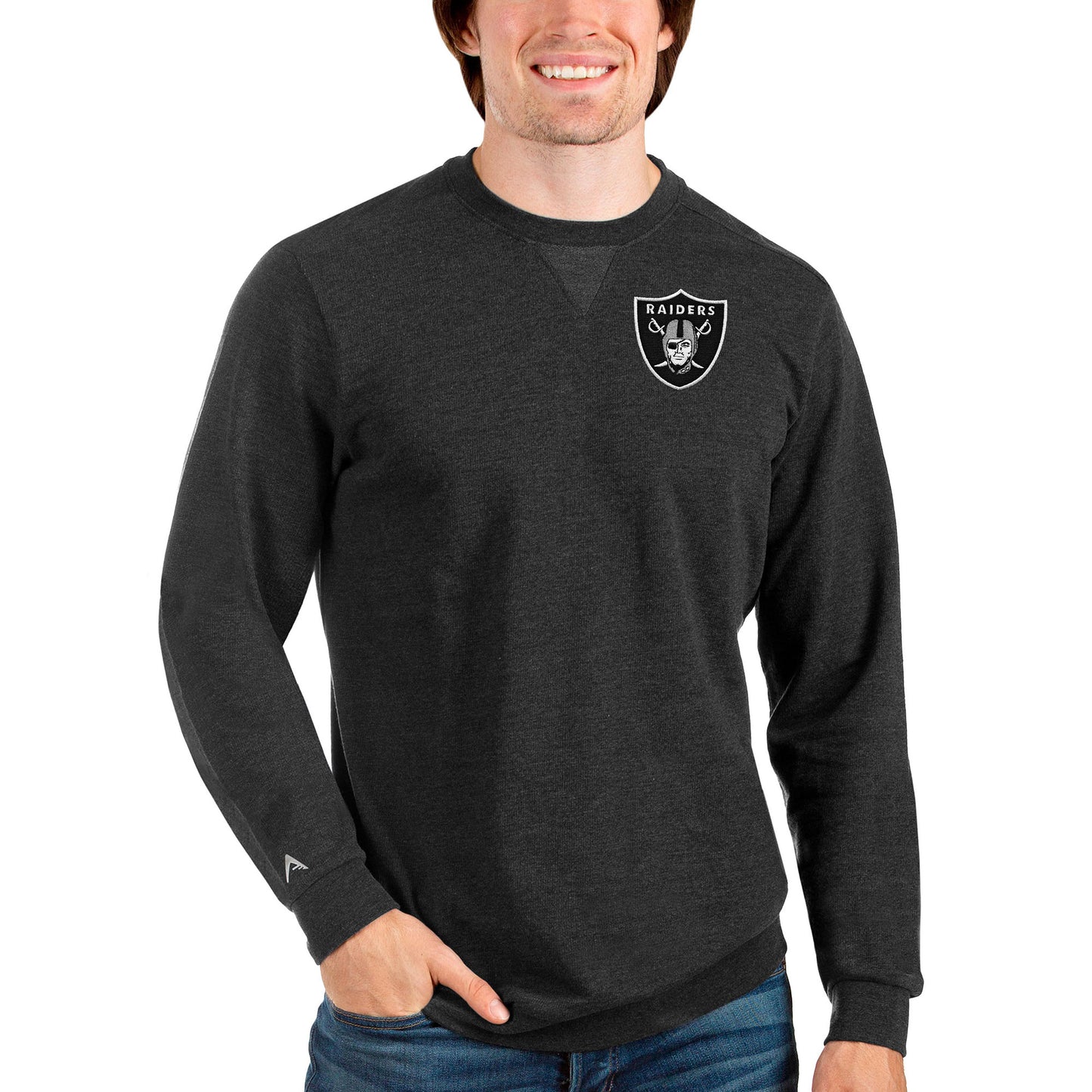 Men's Antigua Heathered Black Las Vegas Raiders Reward Crewneck Pullover Sweatshirt