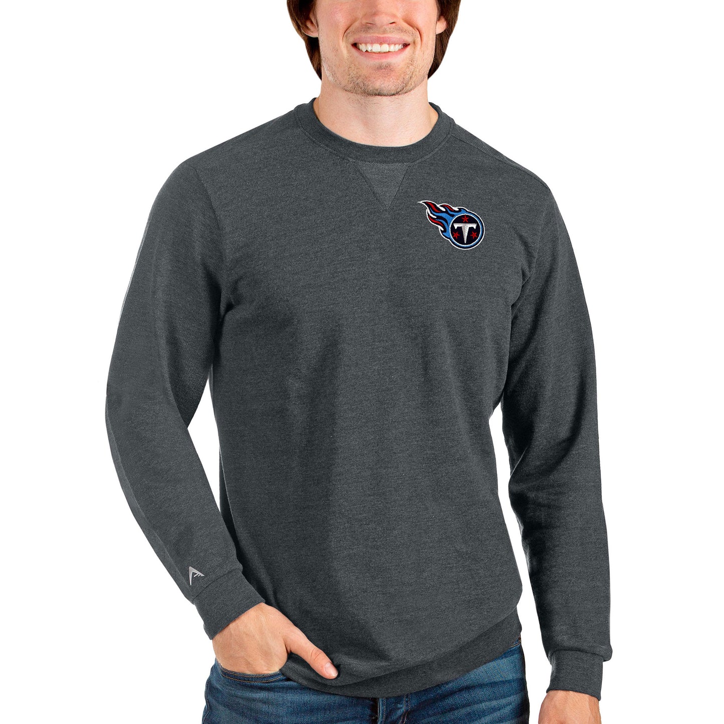 Men's Antigua Heathered Charcoal Tennessee Titans Reward Crewneck Pullover Sweatshirt