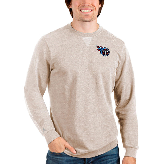 Men's Antigua Oatmeal Tennessee Titans Reward Crewneck Pullover Sweatshirt