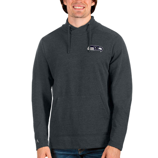 Men's Antigua Heathered Charcoal Seattle Seahawks Reward Crossover Neckline Pullover Sweatshirt