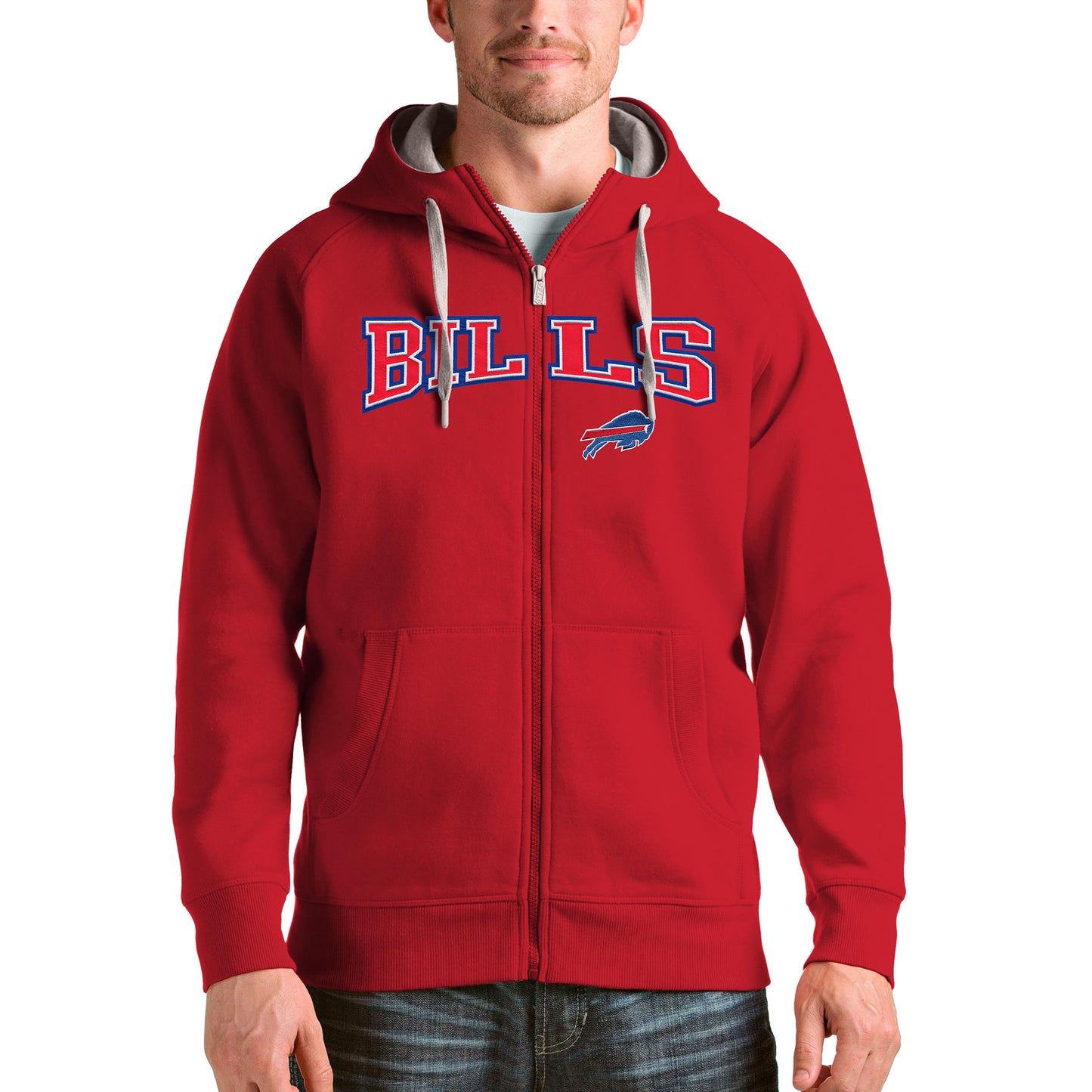 Men's Antigua Red Buffalo Bills Wordmark Victory Full-Zip Hoodie