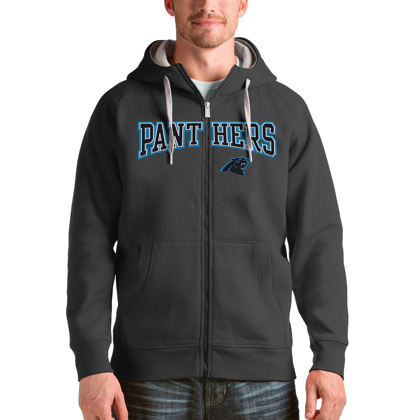 Men's Antigua Charcoal Carolina Panthers Wordmark Victory Full-Zip Hoodie